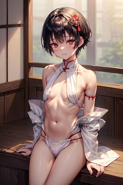 Black short hair　((male))　(((juvenile)))　（((juvenileらしい体)))　(((Flat Chest)))　(Undeveloped breasts)　Eyes closed　Smiling　Looking down　Quiet　Calm　Red and white shrine maiden outfit　((((伝統的な紅白の巫女装束を着たjuvenile))))　shrine　evening　Gentle Light