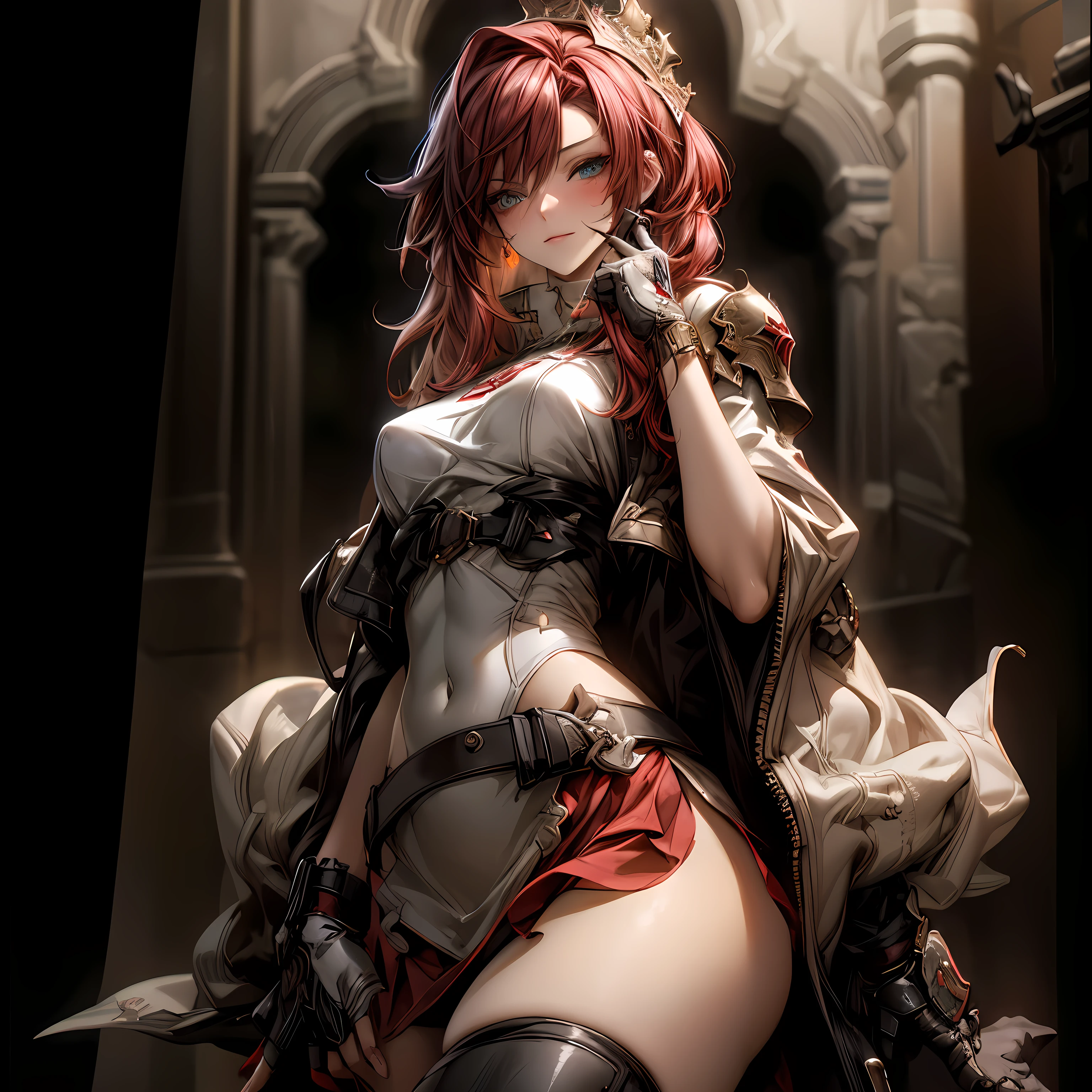 a sexy beautiful model with green eyes, red straight shiny hair, 50mm portrait , glamour, soft curves, full wet lips, big boobs, perfect eyes, perfect face, big eyes, wear a silver chest plate and full armor, grassfield scenario, sfw, non-nudity, 4k, detailed, ultra detailed, 8k, awesome, gorgeous, she wear a necklace, wear a crown made of silver, cover all body, she's is a queen, have a castle in the background, she's a beauty queen, red hair, ginger, red head,straight shiny hair, high quality model, high contrast detailed lips, 4k resolution, perfect pupils, insanely detailed faces, HD, beautiful realistic eyes, fantastic face, perfect facial features, heavenly beautiful look, beautiful woman, amazing stunningly beautiful, most beautiful women ever ((full body))