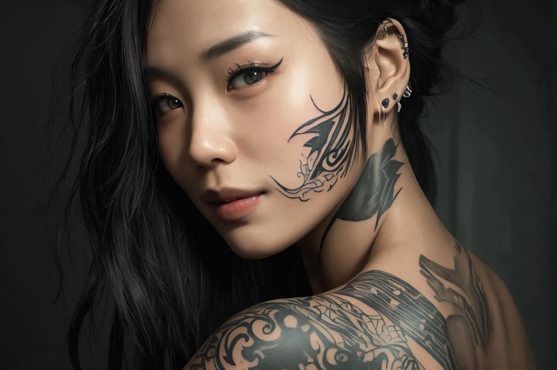 ((HIGH QUALITY)) 1boy, jungkook of bts, with body tattoos, septum piercing, lip piercing, long/mid hair.
