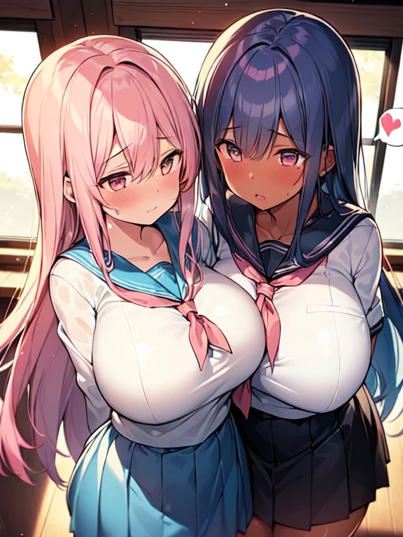 masterpiece,ultra detail,best quality,2girls,against wall serafuku,navy plits skirt,side view,girl pinned against wall,hug,kissing,NSFW,huge breasts,yuri,Height difference,Licking breasts,licking breasts,puffy nipple