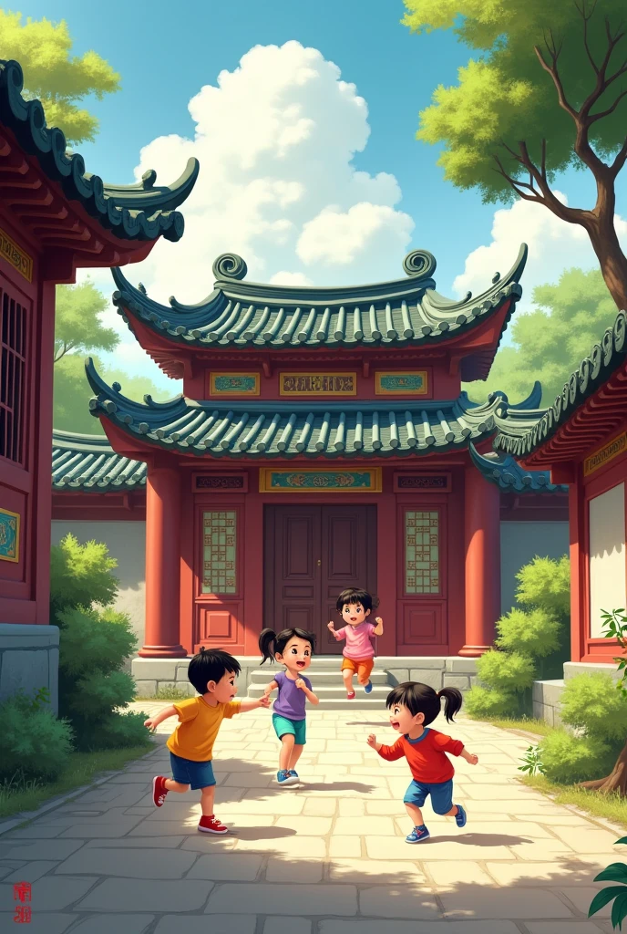 The boy sweeps the temple and does laundry, sweeps the house, helps with community work, and makes many scenes on one page.
