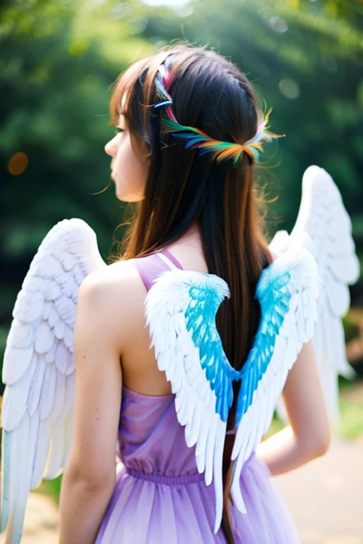 A girl with rainbow-colored angel wings on her back