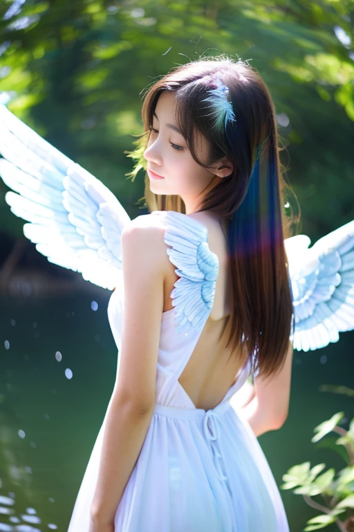 A girl with rainbow-colored angel wings on her back