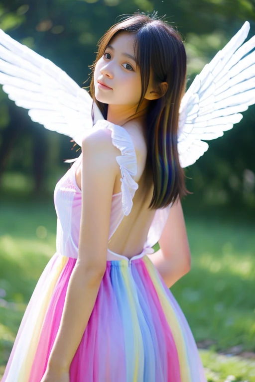 A girl with rainbow-colored angel wings on her back