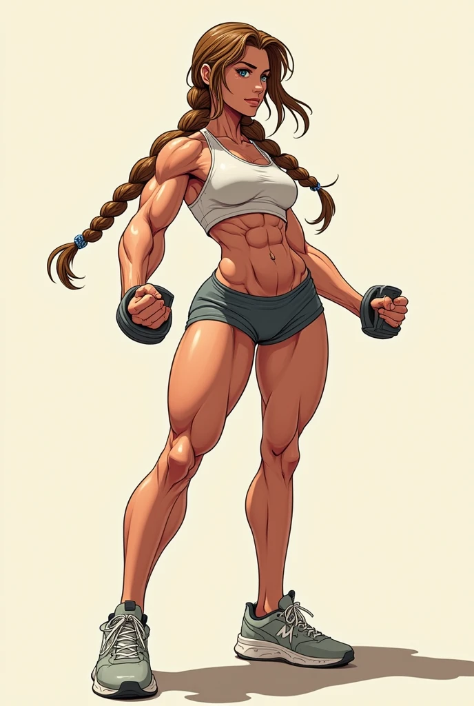 (Score_9, score_8_up, score_7_up, score_6_up), (adult, seductive face, seductive expression), futanari, Adult woman, brown skin, smile, scars on arms, long brown hair, brown eyes, crop top, compression short shorts, fingerless gloves, abs, muscular arms, anime style, mature, full lips, confident, Nyantcha Style, source_anime, rating_explicit