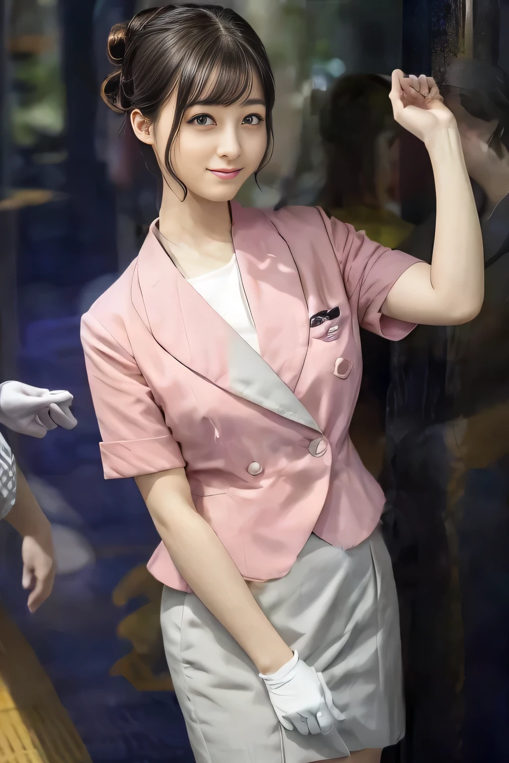 (masterpiece:1.2, highest quality:1.2), 32K HDR, High resolution, (alone、1 girl)、(On the rooftop of a building in the daytime、Professional Lighting)、Building rooftop background、(Nankai train crew uniform pinkを着たリアルスタイル)、(Nankai train crew uniform pink short sleeve collarless pink jacket、Nankai Train Crew Uniform Pink Collarless Short Sleeve Blouse、Nankai Train Crew Uniform Pink Grey Knee-length Culottes)、Dark brown hair、(Hair tied up、Hair Bun、Hair Bun)、Dark brown hair、Long Shot、Big Breasts、Thin legs、((Great hands:2.0)),((Harmonious body proportions:1.5)),((Normal limbs:2.0)),((Normal finger:2.0)),((Delicate eyes:2.0)),((Normal eyes:2.0)))、smile、(Nankai Train Crew Uniform Pink Grey Knee-length Culottesを見せた美しい歩く姿)、Holding hands