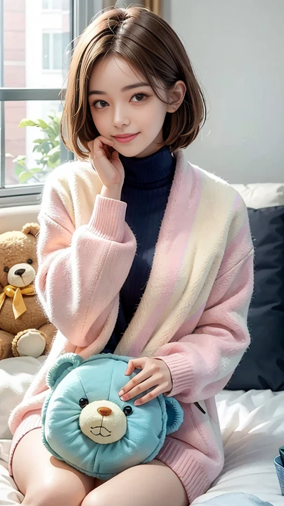 Sitting on bed wearing a sweater, colorful pastel, cute colorful adorable, wearing a baggy pajamas, lofi-girl, soft cute colors, Colorful mood, young and cute girl, pastel colors only, Bright pastel colors、Pastel and fluffy room、Pastel bed、