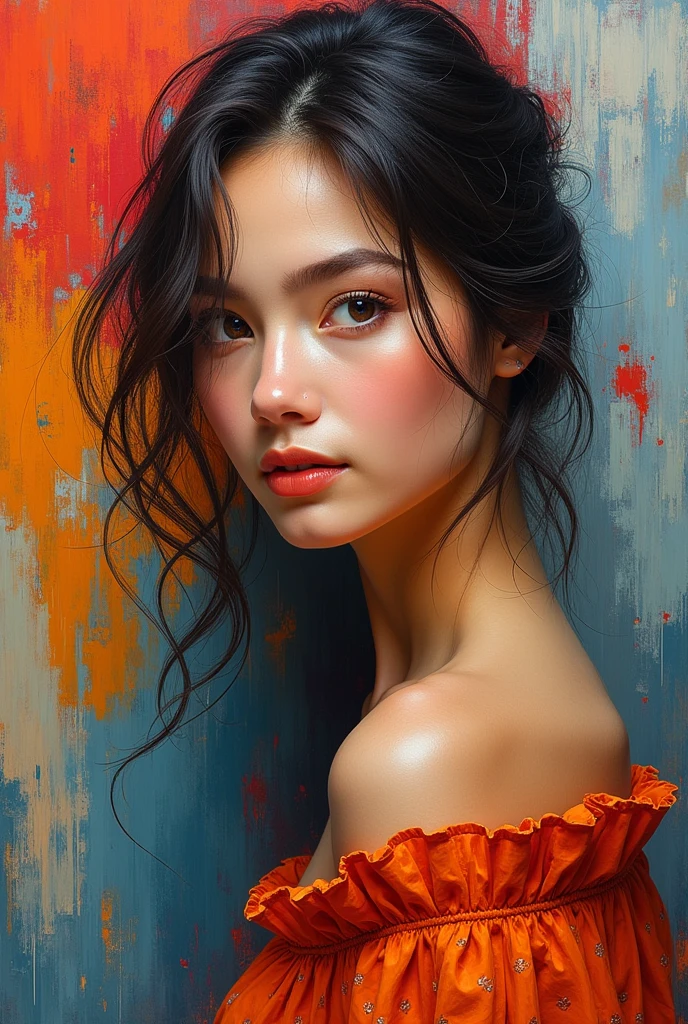 a woman portrait, palette knife painting, impressionist style, expressive brushstrokes, dramatic lighting, rich colors, highly detailed, (best quality,8k,highres,masterpiece:1.2),ultra-detailed,(realistic,photorealistic,photo-realistic:1.37),intricate details,dynamic composition,chiaroscuro,dramatic shadows,warm tones,vibrant palette,impasto texture,expressive brushwork,depth of field,atmospheric lighting,emotional intensity,cinematic atmosphere