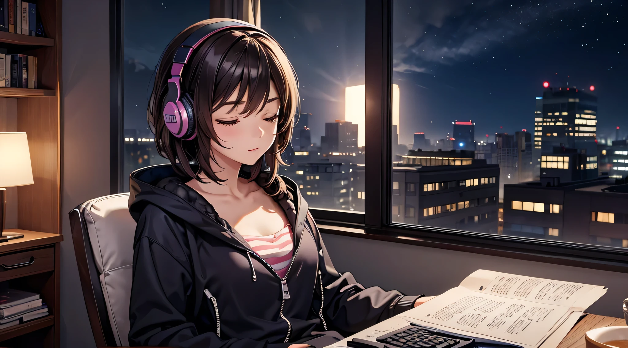 Girl with headphones enjoying music in a home I am studying Emphasize a little bit of the big chest Looking towards me with eyes closed Night Background