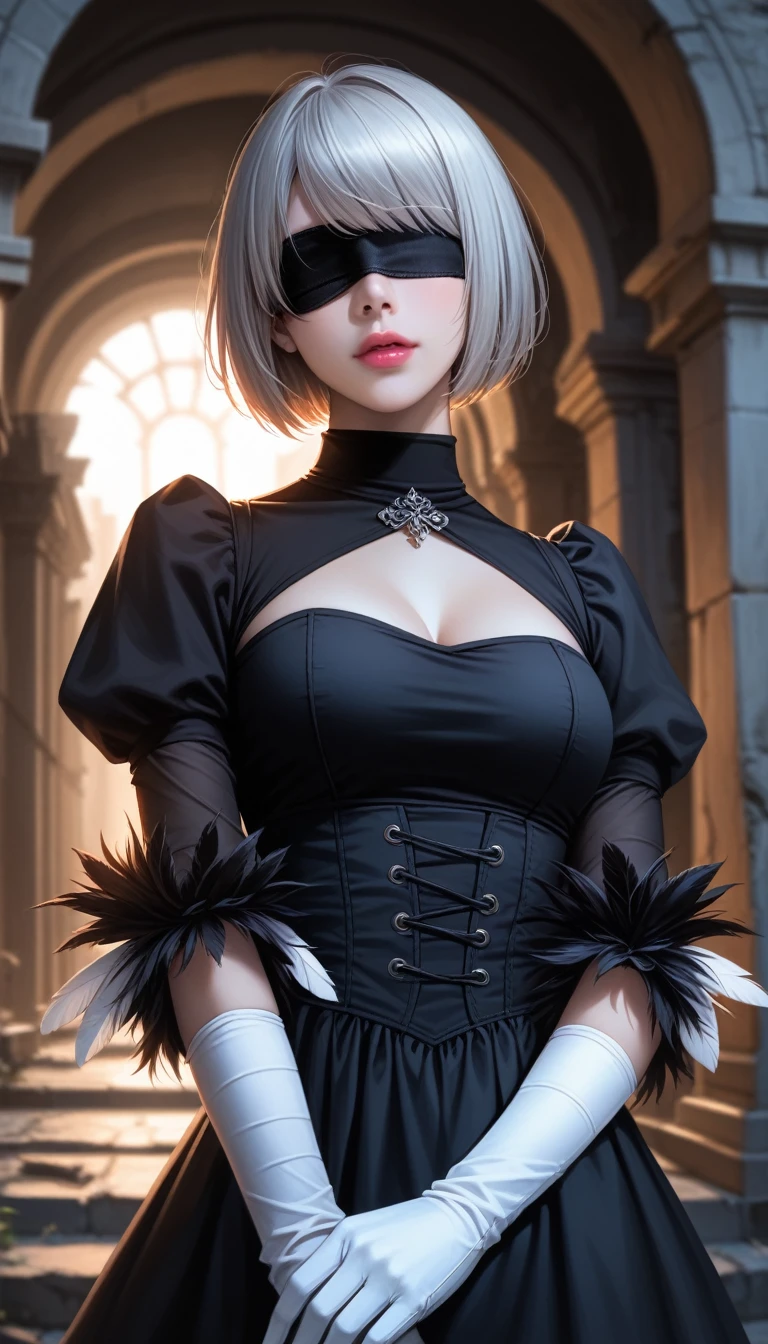 score_9, score_8_up, score_7_up, 32k,masterpiece, highest quality, photo realistic, vibrant colors, chiaroscuro lighting,
2B Nier Automata, 
bob cut, gray hair, bangs, blindfold, pink lips,
black goth dress, long sleeve, Juliet sleeve, white gloves, turtleneck, feather ornament, feather ornament sleeves,
ruins, a ruined world, a devastated battlefield, picturesque, beautiful scenery, fantastic night sky
seductive pose, cinematic angle,