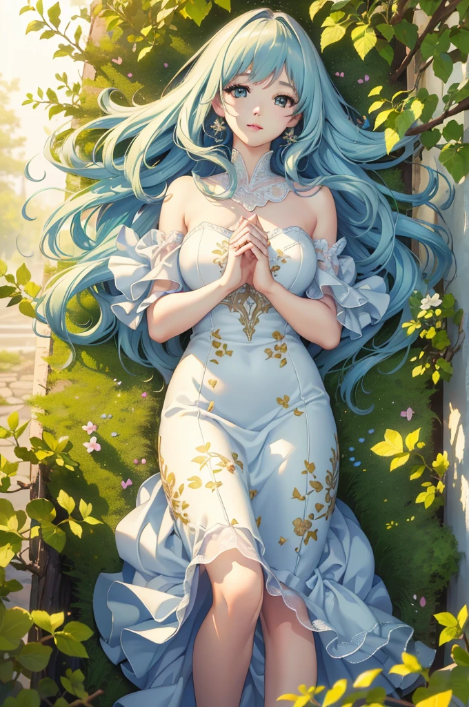 1girl,beautiful woman with long flowing hair,colorful fluttering dress,running through serene garden,swirling iridescent feathers,soft ethereal lighting,detailed eyes,detailed face,detailed lips,extremely detailed eyes and face,long eyelashes,intricate floral patterns,natural scenery,sunlight filtering through leaves,bokeh background,vibrant colors,fantasy,whimsical,magical realism,(best quality,4k,8k,highres,masterpiece:1.2),ultra-detailed,(realistic,photorealistic,photo-realistic:1.37)