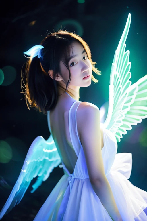 A girl with glowing angel wings on her back、Light emanates from its wings