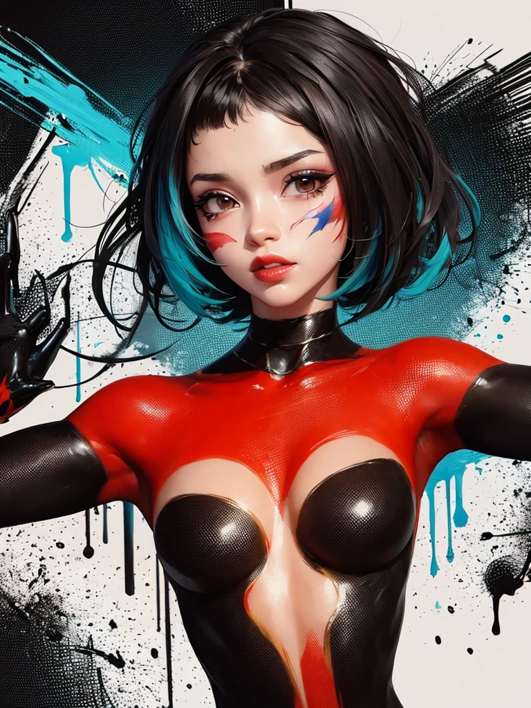 coquettish woman , euphoria , bold action , sloppy anime costume bodypaint , melting paint of bodypaint , in comicon