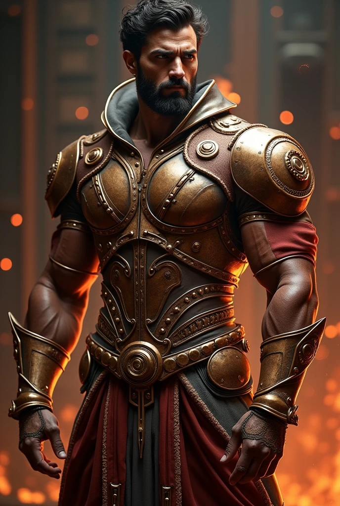 Handsome Brazilian man. Color brown hero outfit. Metallic arm pad hero outfit. Hood and cape hero outfit. Topless. Skinny