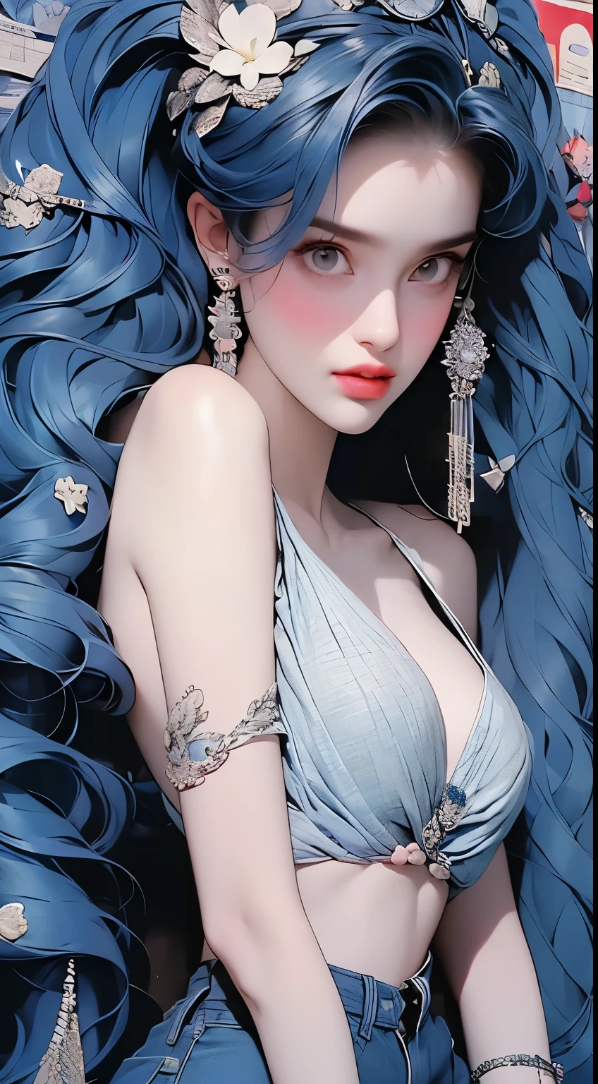 Create a digital art work in pop art style, ผู้หญิงWear blue and dark blue sunglasses. (Reflecting light), Wear blue and dark blue sunglasses. (Reflecting light) Vibrant, sexy and confident in a bra that shows off her cleavage slightly., With bold cosmetics and bright fashion, Cinematic tone, surrounded by vintage flowers patterns, Creative color brush,Emotions should be dynamic., Upper body, sexy, open chest, show a little chest, drawing, illustration, gray tones