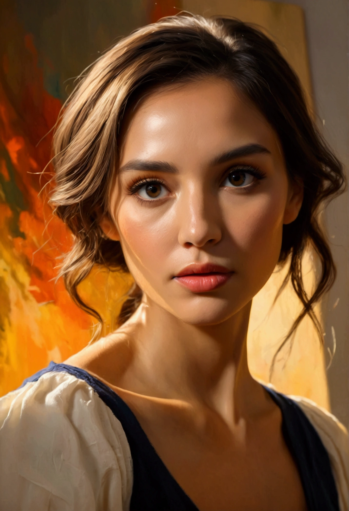 a woman portrait, palette knife painting, impressionist style, expressive brushstrokes, dramatic lighting, rich colors, highly detailed, (best quality,8k,highres,masterpiece:1.2),ultra-detailed,(realistic,photorealistic,photo-realistic:1.37),intricate details,dynamic composition,chiaroscuro,dramatic shadows,warm tones,vibrant palette,impasto texture,expressive brushwork,depth of field,atmospheric lighting,emotional intensity,cinematic atmosphere