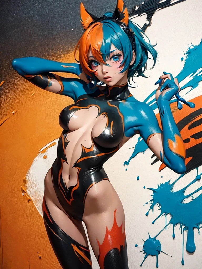 coquettish woman , euphoria , bold action , sloppy anime costume bodypaint , melting paint of bodypaint , in comicon