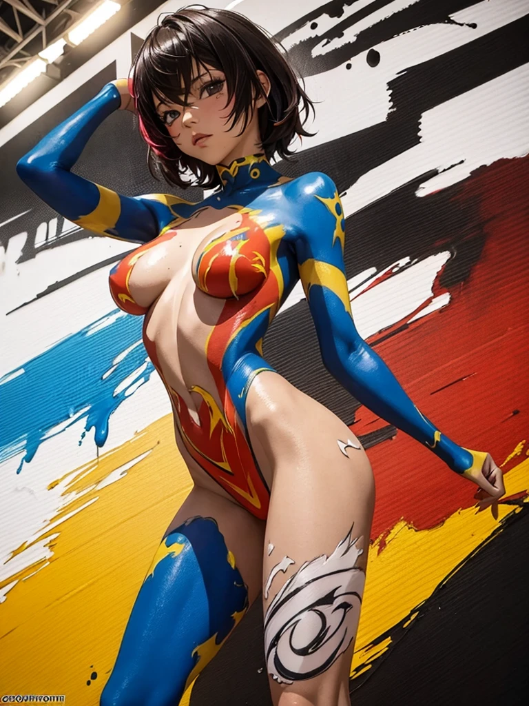 coquettish woman , euphoria , bold action , sloppy anime costume bodypaint , melting paint of bodypaint , in comicon