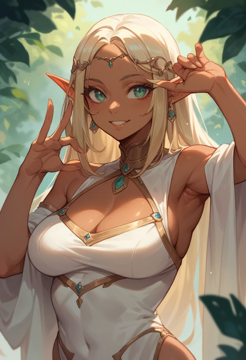 female elf with blonde hair, wide gesture, desire, closeup, attractive, beautiful, (thick arm), thick and wide arm, tanned skin