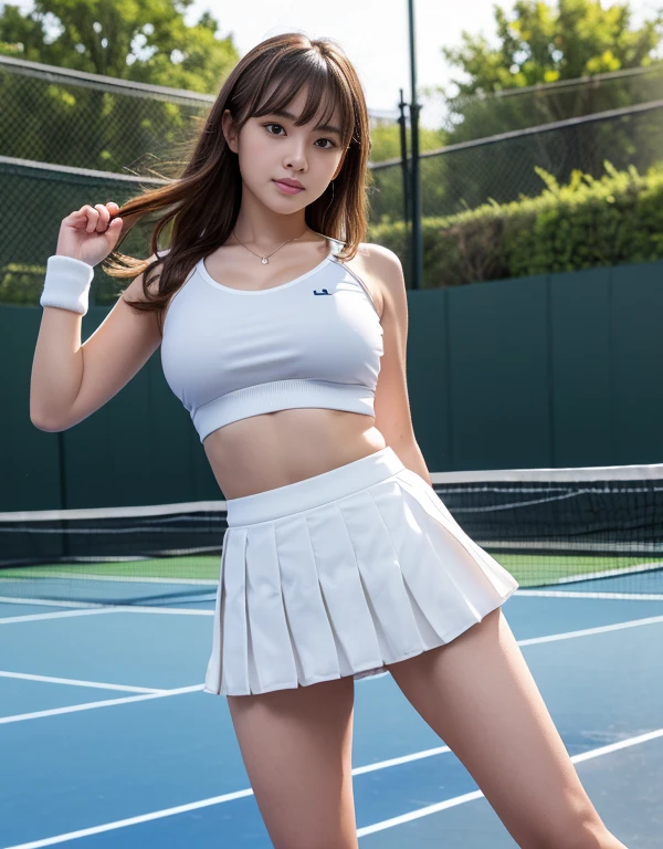 White tennis wear, tennis racket, Tennis ball, Tennis court, (Highest quality) , ((Very detailed)) , 4K , (8k) , masterpiece, Very detailedな, Highest quality, Super Resolution, sexy, 18-year-old girl, 1 person, height, 152 cm , Very beautiful face, Cute type, Big Natural Color Lip, Big and pretty eyes, Brown eyes, Obvious double, Soft long hair, bangs, Brown Hair, positive, Crying a little, White pleated micro mini skirt, No underwear, Soft Light, RAW quality, Soft Skin, (Glowing Skin, Sweaty: 1.4) , Beautiful feet, Voluptuous thighs, Plump body, Huge breasts, (Expresses the roundness and softness of the chest area.....1), sexy, (Feminine body shape) , Sexual, Spread your legs(Provocative dynamic pose), Skirt flip, Browsing Caution, (Spreading pussy:1.3)