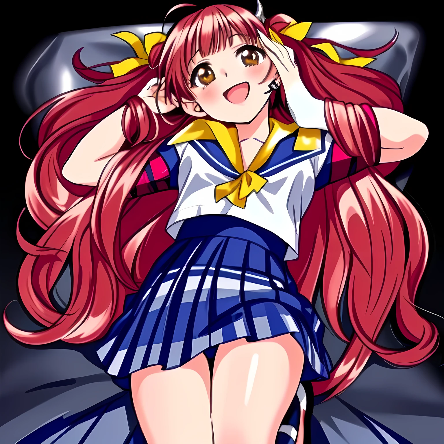 (highest quality, masterpiece: 1.6), (Some beautiful noble beautiful lying anime noble heroines' portrait, Three beautiful giggling noble elegant 15yot anime heroine wares blue sailor-styled uniform are lying on a pink mixture of many evil sexy beautiful breast and arms and legs of succubi, and force me fall into deep harem of siren and succubi, Noble Elegant but lecherous salacious insane and lascivious, navy sailor uniform: 1.5), (Anime-heroine's girly noble laughing giggling brown eyes, laughing at me: 1.6), (Realistic Charming neat navy-colored very-neat well-pleated long tartan-checkered school skirt is extended under her knees: 1.5), (black background: 1.7), (Eyes, face and hair, and skirt is especially cutely detailed and carefully drawn), (Cute small human ear: 1.4), (Girl whom everyone loves because of her beauty and lovely fashion and noble manner and mind of succubus and magic-charm of succubus: 1.0), (Very beautiful, wavy, cutely super-super-long straight gorgeous rich black hair like hair model, with elegant big yellow hair ribbons: 1.3), (Drives me crazy for their neat skirts and Make me fall into their skirts: 1.5), (the mouth is hidden by her palm), full body shot