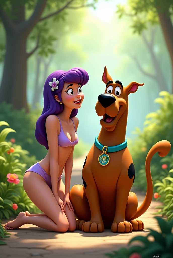 NSFW (nude) (Daphne Blake (human) sparse pubic hair) full body, fucking (Scooby Doo, four footed Great Dane dog with dog penis) on a deserted beach