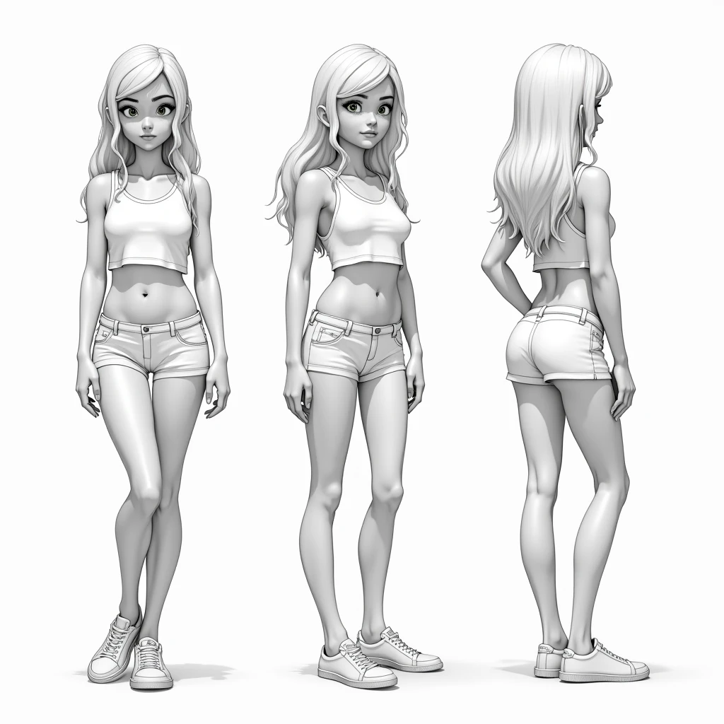 image split vertically in three, full body on the picture, standing french girl 18 years old, very big breast, tanned skin, light blue eyes, blond hair, underwear, white socks, white background