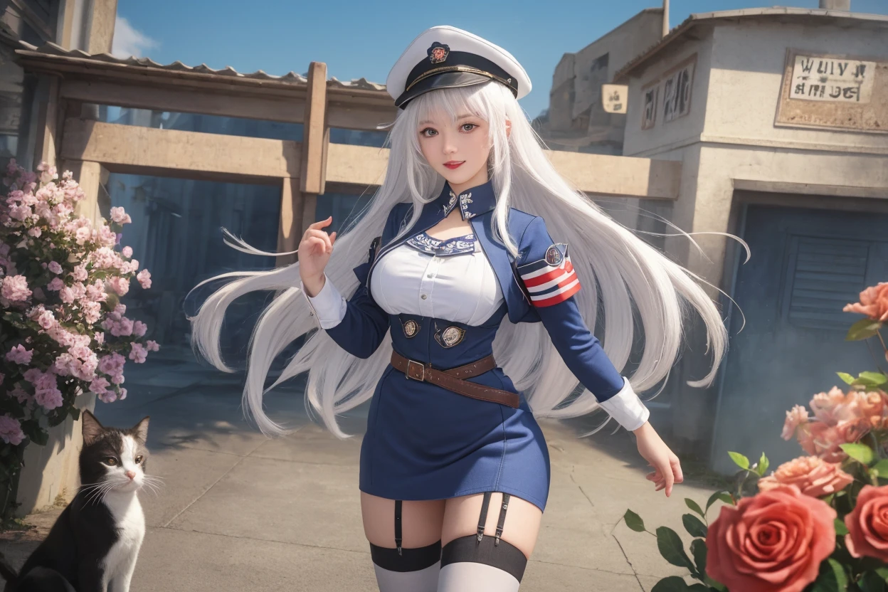 Silvery curly hair、hime-cut、Girl with golden eyes、View of the crotch from below、flat chest、Thin pubic hair、Beautiful open legs、White military uniform
