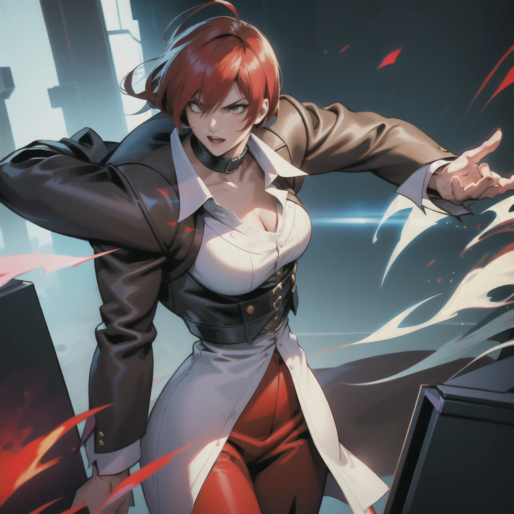 30-year-old woman, alone, alone, athletic, sensual, big breasts, red nails, long pixies, semi-short red hair, wears brown pants, white shirt, open black jacket, video game character, The King of Fighters, Iori Yagami, blue fire, cinematic, ultra-sharp focus, award-winning photography, perfect contrast, High sharpness, depth of field, ultra-detailed photography, global illumination, fluid, ultra-high definition, 8k, Unreal Engine 5, ultra-sharp focus, award-winning photography, trends art stations