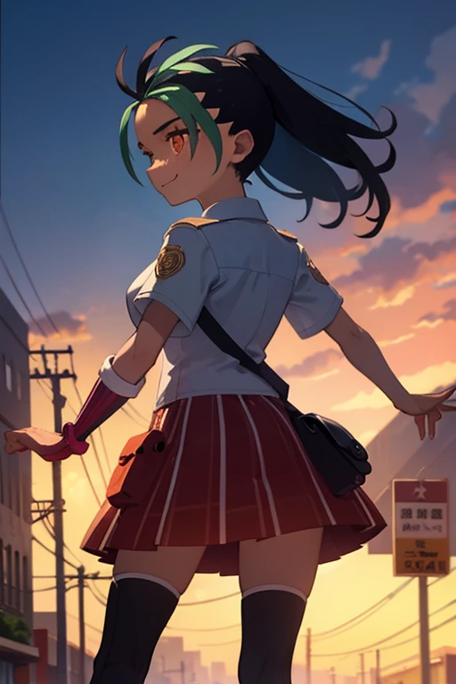 Nemo, a high school girl looking happy on the street in the evening，Tentacle spider behind