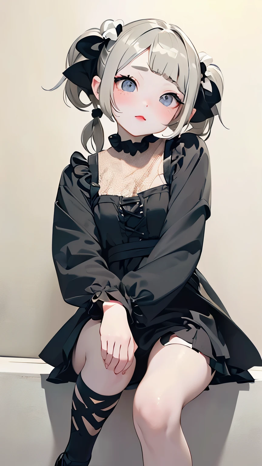 (Best Quality、masterpiece、Very detailed、One Girl、Cute Face、Silky Short Blonde、(((Short hair in twin tails、Short Bob Twin Tail)))、Grey Eyes、From the knee up、Gothic Fashion、Very detailed目、Small red cheeks and nose、Cute Face、