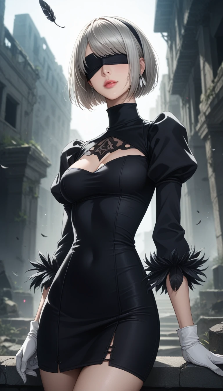 score_9, score_8_up, score_7_up, 32k,masterpiece, highest quality, photo realistic, vibrant colors, chiaroscuro lighting,
2B Nier Automata, 
bob cut, gray hair, bangs, blindfold, pink lips,
black goth mini dress, long sleeve, Juliet sleeve, white gloves, turtleneck, feather ornament, feather ornament sleeves,
ruins, a ruined world, a devastated battlefield, picturesque, beautiful scenery, fantastic night sky
seductive pose, cinematic angle,