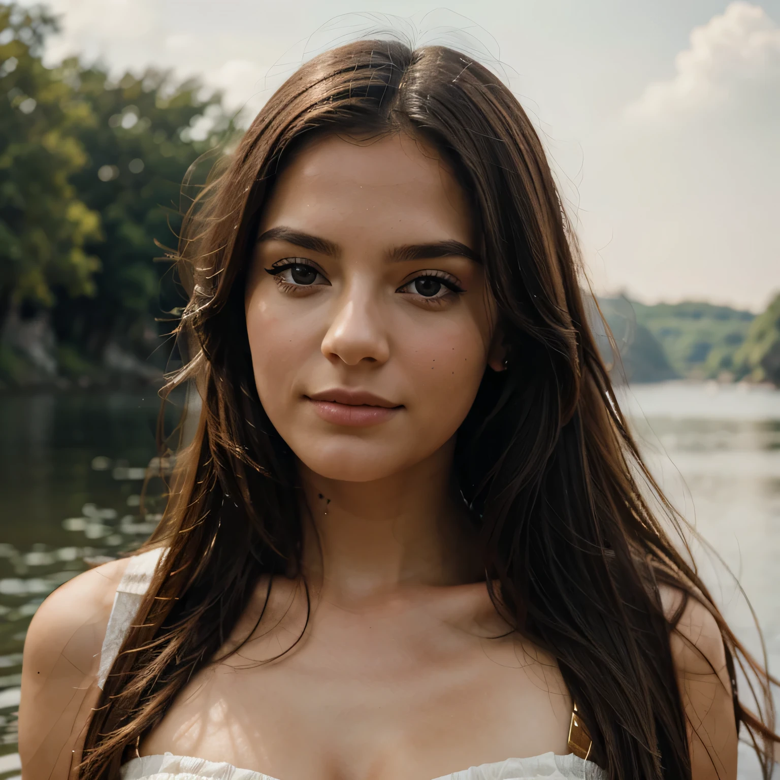 a 22 year old woman named Bella Brown, serious expression and striking appearance. My brown hair falls to my shoulders in long waves, framing my face and highlighting my blue eyes. My full lips are slightly parted, as if I'm about to say something. Her button nose is dotted with freckles that contrast with my pale skin. My eyebrows are thick and dark, giving me a bold look. My cheekbones are high and defined and my eyelashes are long and curled. she shows off my curves.
Setting: A suggestive waterfall shrouded in a light fog, creating an ethereal and mysterious atmosphere. The sound of water creates a relaxing background. Pose: The model is in the foreground, the view of her focuses only on her face, wrapped in a light and large straw hat, creating an intriguing veil that conceals and reveals her magnetic expression. Camera position and framing: The camera is placed at the model's eye level, gently blurring the surrounding environment to focus attention on her face. The shot is close up to capture every detail of the eye and the nuances of the hat. Clothes: The model wears a light dress, soft colors that blend in with the waterfall. Fabrics that gently sway in the breeze, accentuating the natural grace. Time of day and light: Twilight, when the sky takes on warm, enveloping tones. The light filtering through the trees creates plays of shadows and reflections, giving a fairy-tale touch to the image. Mood: A mixture of wonder and serenity, the model's face captures the essence of contemplation in the face of nature. Her eyes express a deep connection with her surroundings. Other elements: Drops of water suspended in the air and brilliant reflections in the waterfall create magical details. A light wind makes the dress and hat move slightly, adding dynamism to the scene.