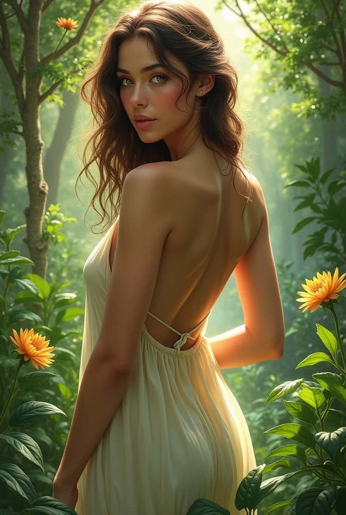 A heart-wrenching tableau of a beautiful, distraught Italian woman standing naked in the midst of a lush, verdant greenhouse. The woman's voluminous hair cascades down her back in a tumult of dark waves, a stark contrast to the vibrant foliage that surrounds her. Her eyes, once bright with love and life, are now pools of unshed tears that reflect the soft glow of the dappled sunlight filtering through the glass panels above. Her body, a canvas of sorrow, is adorned with nothing but the shadows of the plants that cast themselves upon her, almost as if the very essence of her partner's spirit is embracing her in this sanctuary of growth. The greenhouse, a testament to her partner's other passion, is a riot of color and life, with exotic blooms and verdant leaves reaching out towards her in silent sympathy. The air is thick with the scent of soil and the sweetness of blossoms, a poignant reminder of the vitality he once shared with her. Her hands are outstretched, trembling slightly, as if yearning for one last hug from the man who had been her rock, her confidant, and her lover. The space between her fingertips seems to hold the very essence of her grief, an invisible tether to the love that has so abruptly been severed. Her posture is that of a statue, frozen in time, as if she is willing the warmth of his presence to materialize just one more time. The floor beneath her is a mosaic of terracotta pots and the rich earth that bore witness to countless moments of shared joy and passion. This private sanctum of nature, now a silent witness to her sorrow, holds a bittersweet symphony of memories that echo through the leaves and petals, reminding her of the love that once bloomed as vibrantly as the orchids that now seem to weep alongside her.