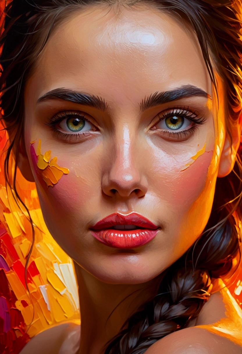 a woman portrait, palette knife painting, impressionist style, expressive brushstrokes, dramatic lighting, rich colors, highly detailed, (best quality,8k,highres,masterpiece:1.2),ultra-detailed,(realistic,photorealistic,photo-realistic:1.37),intricate details,dynamic composition,chiaroscuro,dramatic shadows,warm tones,vibrant palette,impasto texture,expressive brushwork,depth of field,atmospheric lighting,emotional intensity,cinematic atmosphere