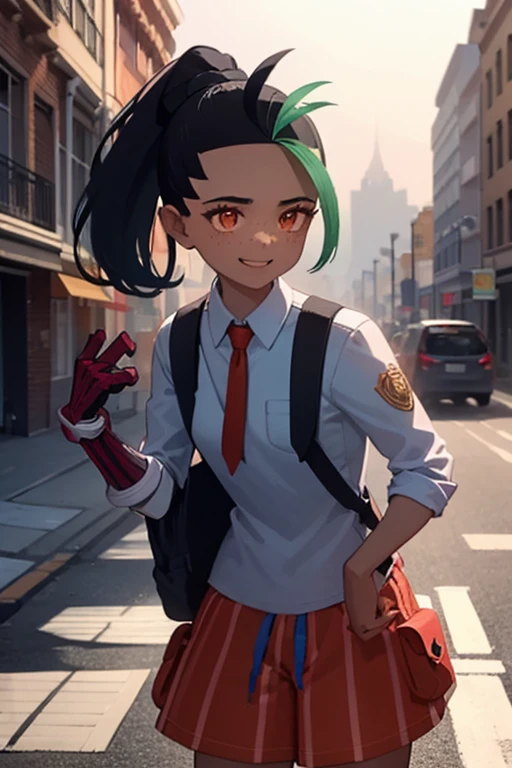 Nemo, a high school girl looking happy on the street in the evening，Spider monster behind