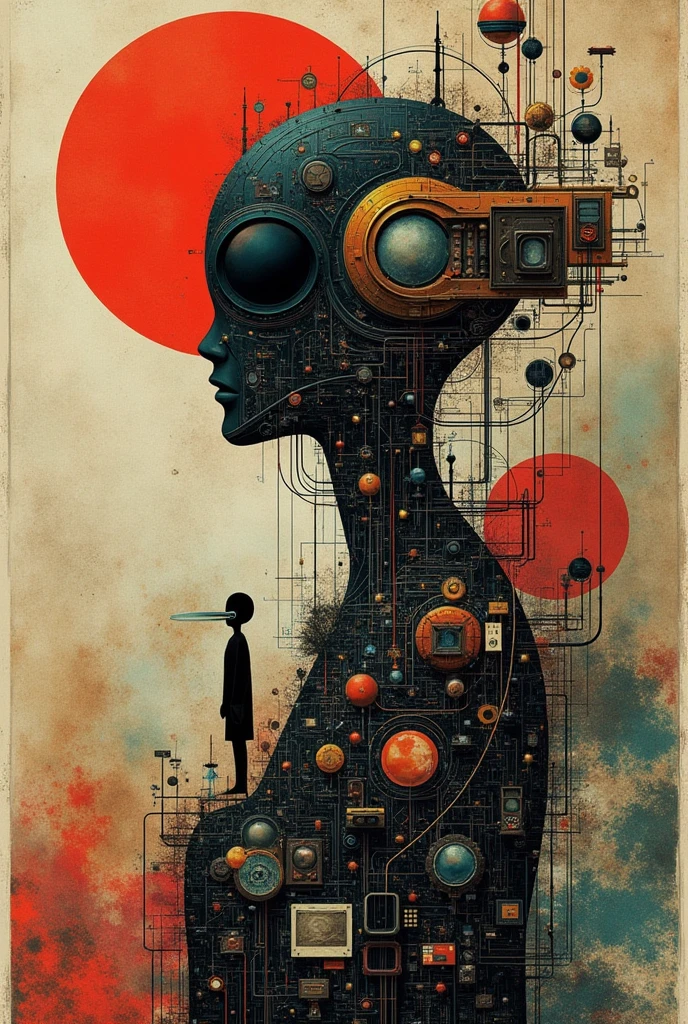 A retrofuturistic scene of an arcade wired mess on synthesizer, mechanical delay, wiring components, ultrago austin metal wiring, iris van Buren, Karol Bak, Kiichi Obituary by Beksinski, david falls fanart robot machine