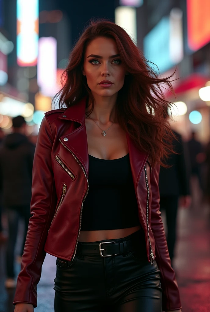 (masutepiece, Best Quality), ultra-detailliert, Photorealsitic, bright red hair , beautiful female model, ((Coordinating sexy leather jackets)), leather pant, open-shirt, high-heels, a necklace, Ring Accessories, Wavy Hair, Perfect face, Beautiful face, enticing, big gorgeous eyes, blue eyess, heavy make up, red-lips, seducting smile, Glamorous body, Voluptuous body, Big ass, down town, suggestive pose