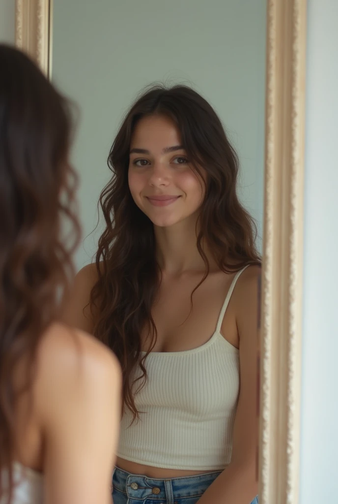 A woman taking a photo, smile, Happy, Long hair that goes up to the buttocks, Straight hair, Detailed skin, Daytime, Hot summer day, Natural light, Detailed face:1.2, Sharp focus, Hasselblad Photos, Tabletop, light makeup, Cinema Lighting, 4K, Highest quality、Beautiful Hair