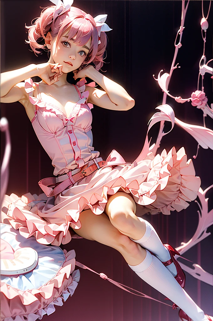 ((Lingerie model)), zoom, masterpiece, Highest quality, High resolution, Madoka Kaname, Madoka Kaname, One Girl, jewelry, Knee socks, Pink Hair, twin tail hair, Frills, White and pink ****ta outfit, ((Comfortably showing off your panties)), Sleeveless, , belt, , 