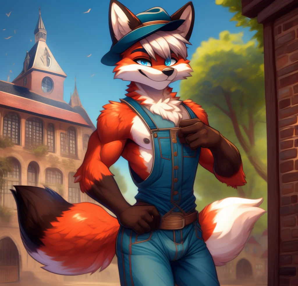 Best quality, Super detailed illustration, a young 1 fox, athletic body, blue eyes, villager outfit, black flat cap hat, masculine face and body, disheveled thick white hair, dark red fur, two-tone dark red fur, red fox tail, green shirt with a blue overall, red pants, smug smile, beautifully detailed eyes, against the background of New Amsterdam in the medieval times, small waist, wide hips, slim, perfect body, style