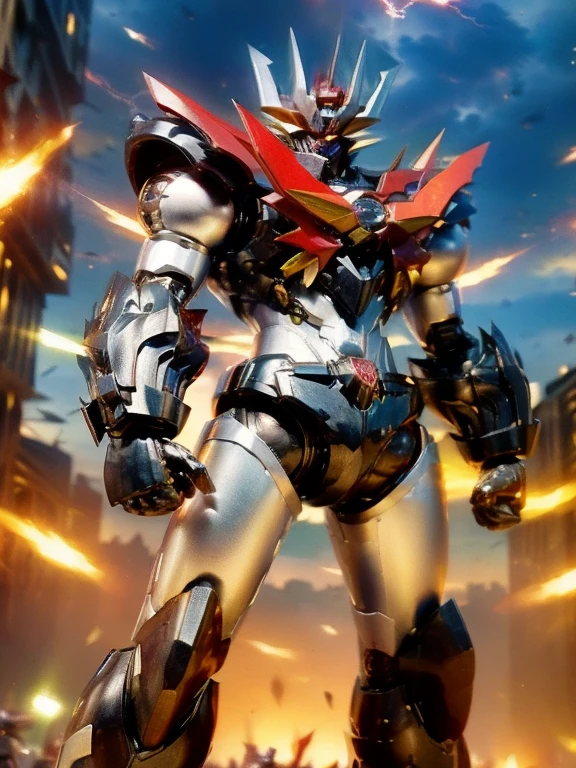 Humanoid Mecha, Fully enclosed shoulder guards, Matching arm and leg guards, whole body, Full Armor, Super Robot, A design that combines solidity and agility, (The color scheme is mainly white.、Comes with red and blue accents。, the concept Inspired by Super Robot, Lion concept chest armor, Pose, Standing, Floating above a futuristic sci-fi city), Exquisite and mature art style, (Aura effect, Energy, Glowing Eyes, The armor shines), ((ＳＲＳ)), metallic,Glowing Eyes　 dramatic, High resolution, Best Quality, High resolution, Very detailed, Ultra-fine painting, Very delicate, professional, 完璧なボディprofessionalポーション, Anatomically correct, Symmetrical face, Very detailed目と顔, High quality eyes, creativity, RAW Photos, 超High resolution, 32K, Natural Light, Cinema Lighting, masterpiece-anatomy-perfect, masterpiece:1.5　Glowing Eyes