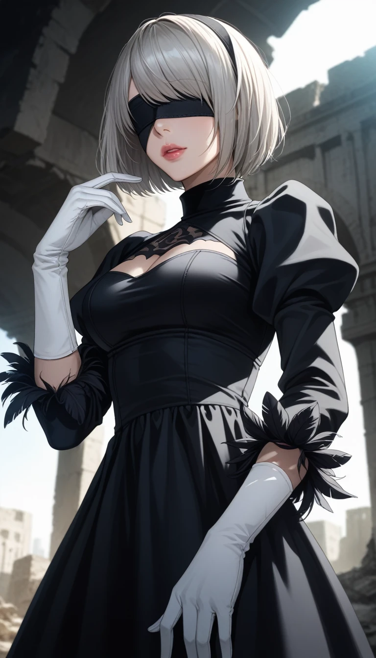 score_9, score_8_up, score_7_up, 32k,masterpiece, highest quality, photo realistic, vibrant colors, chiaroscuro lighting,
2B Nier Automata, 
bob cut, gray hair, bangs, blindfold, pink lips,
black goth dress, long sleeve, Juliet sleeve, white gloves, turtleneck, feather ornament, feather ornament sleeves,
ruins, a ruined world, a devastated battlefield, picturesque, beautiful scenery, fantastic night sky
seductive pose, low angle,