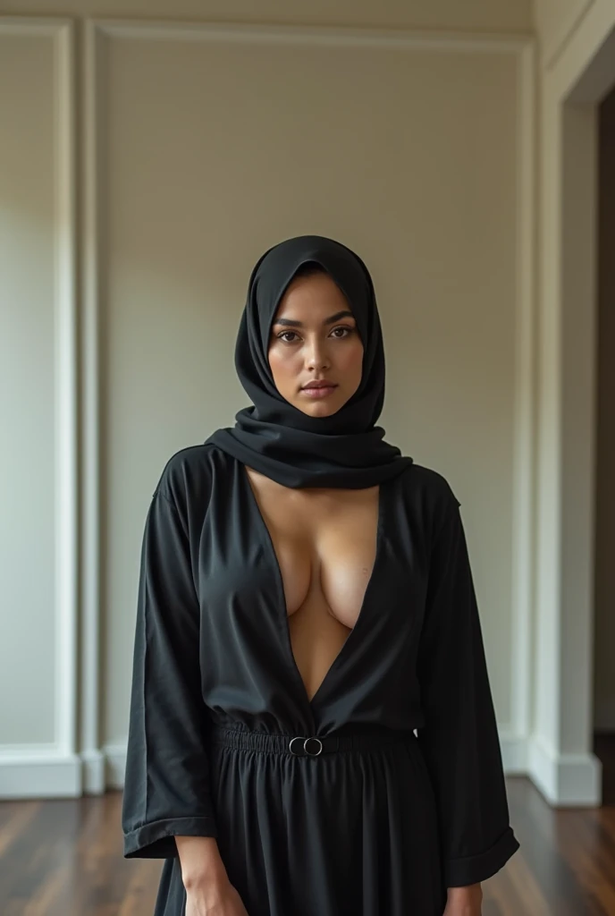 RAW photo,dark,moody,hazy atmosphere,35mm focal lenght,underexposed,cold,candid photograph,artistic,full body,photo of a beautiful,influencer,30yo Moroccan woman,black, hijab,detailed skin,naked, looking away from viewer, thick body structure,grey background,no background, candid pose,dim room,blue light, film grain, kodak color, instagram LUT