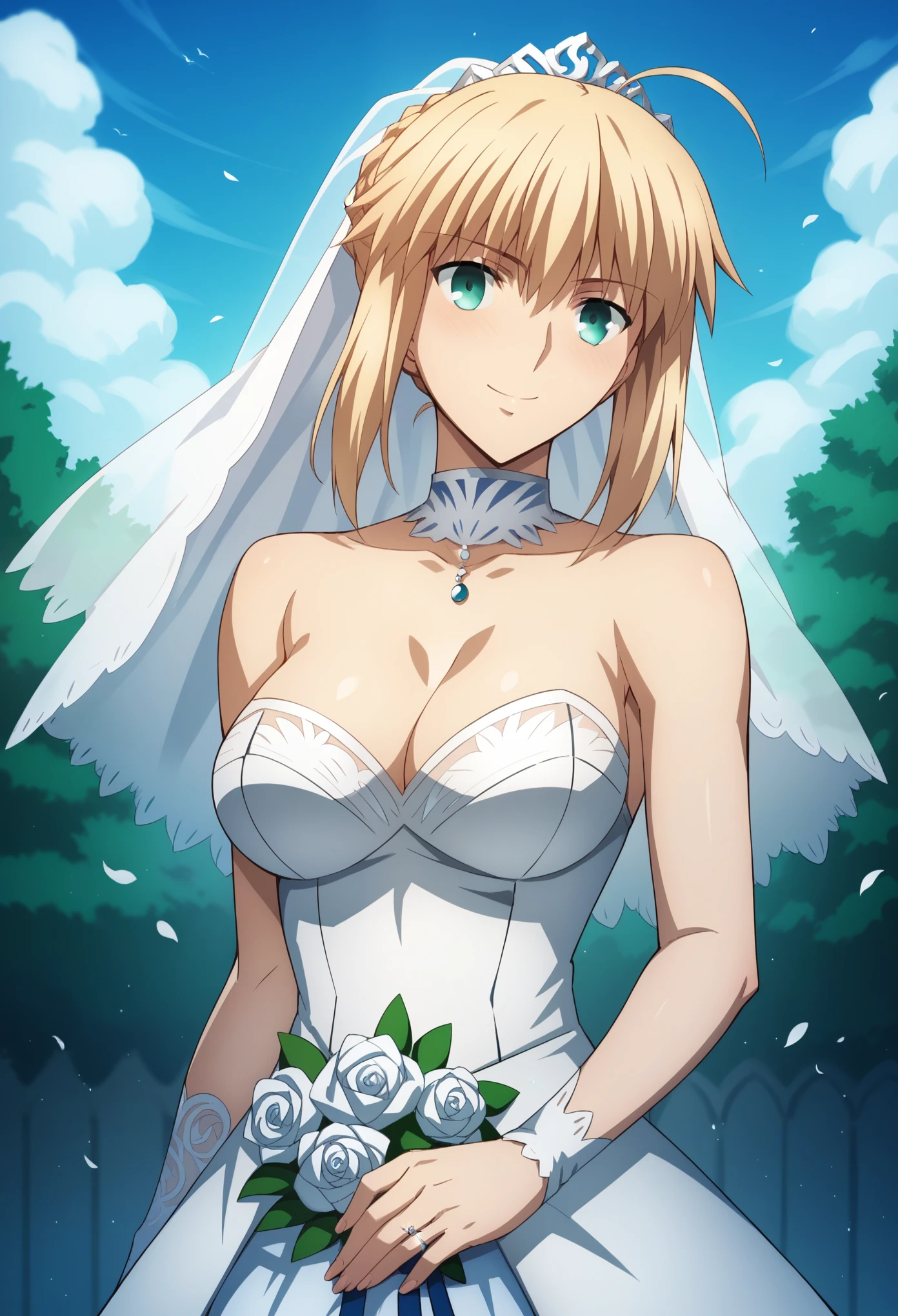 score_9, score_8_up, score_7_up, score_6_up, source_anime, BREAK, 1girl, solo, source_anime,artoria pendragon, artoria pendragon \(fate\), saber, blonde hair, green eyes, ahoge, sidelocks, blushing, medium breasts, wedding dress, wedding veil, off shoulder, cleavage, smile, wedding ring, outdoor, sky, standing, cowboy shot