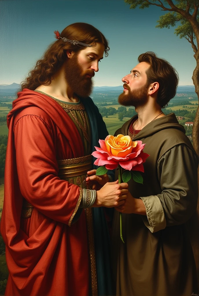 A beautifully illustrated tarot card titled "The Lovers VI" featuring a tender and intimate moment between two men. The card is framed by an elegant gold border, adorned with intricate symbols of love and unity. The background is a serene and romantic blend of pastel pinks and blues, with soft clouds hinting at a heavenly setting. The central figures, a gay couple, stand gracefully under the canopy of an ancient tree with intertwined branches that form a heart. The man on the left is dressed in a flowing robe of pale blue, representing tranquility and the sky, while the man on the right is in a warm earth-tone, symbolizing groundedness and passion. Both figures gaze into each other's eyes with profound love and understanding, their hands gently joined in a gesture of commitment. Between them, Cupid hovers playfully, aiming his arrow of love at their hearts. The Lovers card, traditionally signifying harmony, love, and choice, is reimagined here to celebrate the deep bond and spiritual union of two souls, regardless of gender. The artwork captures the essence of the tarot's archetypal message while embracing modern diversity and inclusivity.