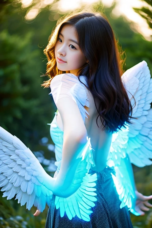 A girl with glowing angel wings on her back