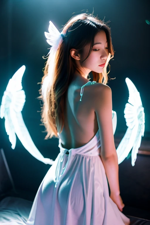 A girl with glowing angel wings on her back