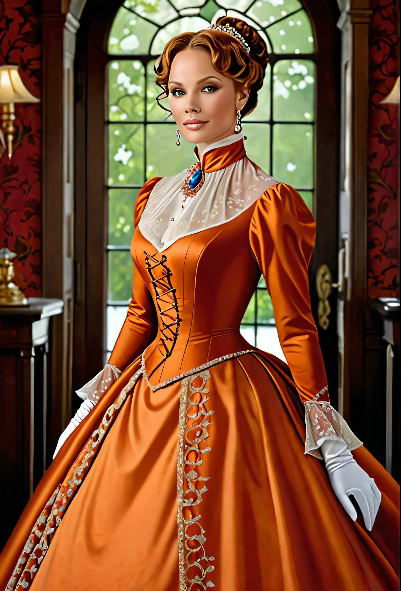 A beautiful Aristacrat woman with large elegant, hawk-like-nose, who embodies old fashioned class, sophistication, elgance as well as wholesome, natural beauty. curvy, thin-waist, wide-hips, swaying-hips. Laura Vandervoort. Oppulent historically accurate orange victorian dress with turtleneck. Greg Rutkowski, Thomas Kinkade
Solo, Den Betrachter ansehend, Lächeln, Offener Mund, Rote Haare, Große Brüste, Ohrringe, Kristallohrringe, Den Betrachter ansehend, Lächeln, Offener Mund, frontview
