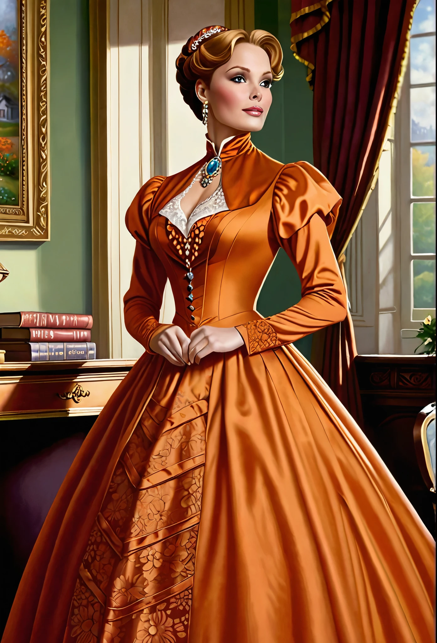 A beautiful Aristacrat woman with large elegant, hawk-like-nose, who embodies old fashioned class, sophistication, elgance as well as wholesome, natural beauty. curvy, thin-waist, wide-hips, swaying-hips. Laura Vandervoort. Oppulent historically accurate orange victorian dress with turtleneck. Greg Rutkowski, Thomas Kinkade
Solo, Den Betrachter ansehend, Lächeln, Offener Mund, Rote Haare, Große Brüste, Ohrringe, Kristallohrringe, Den Betrachter ansehend, Lächeln, Offener Mund, frontview